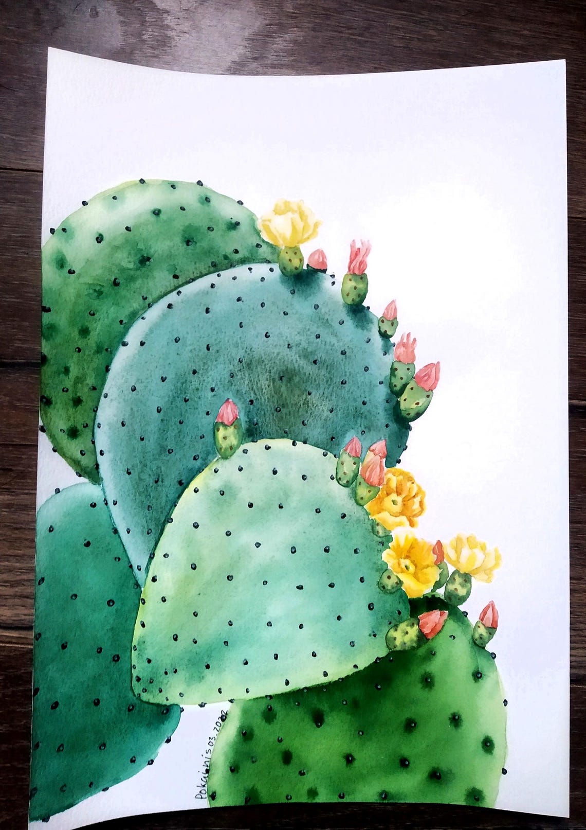 Prickly Pear Cactus with Yellow Blooms Watercolor Botanical Poster - Image 2