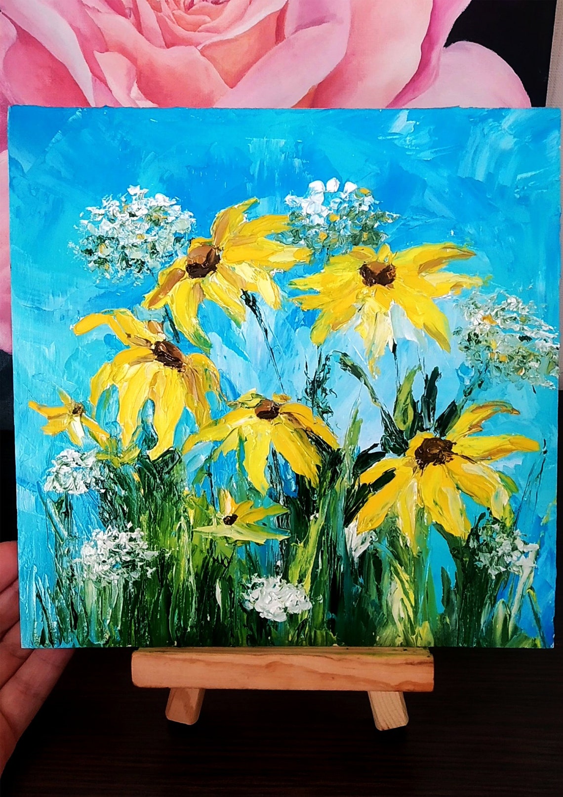 Yellow Coneflowers Swaying Against Blue Sky Impasto Oil Poster - Image 4