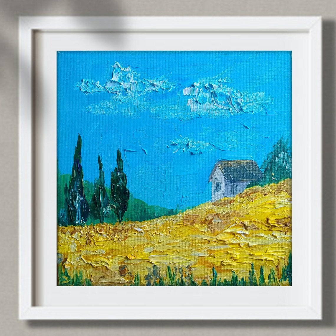 Golden Wheat Field White Farmhouse Dark Cypresses Impasto Print