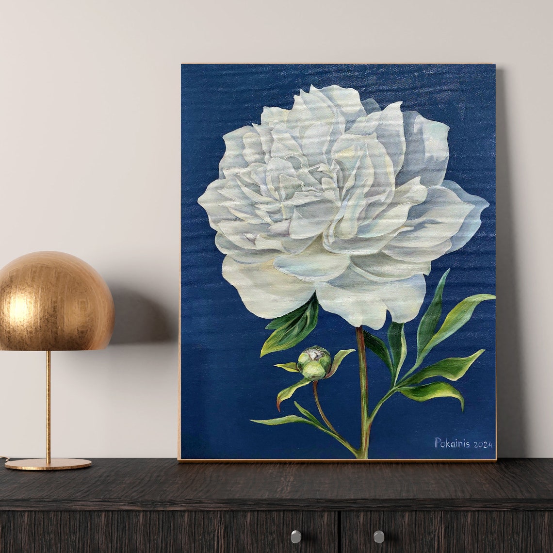 White Peony Oil Painting Poster With Bud On Deep Navy Background - Image 4
