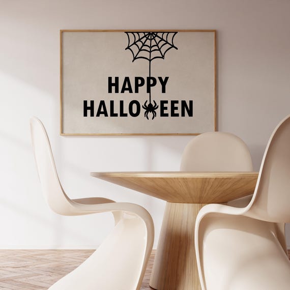 Happy Halloween Print Spooky Spider Poster Retro Black Typography Trendy Decor