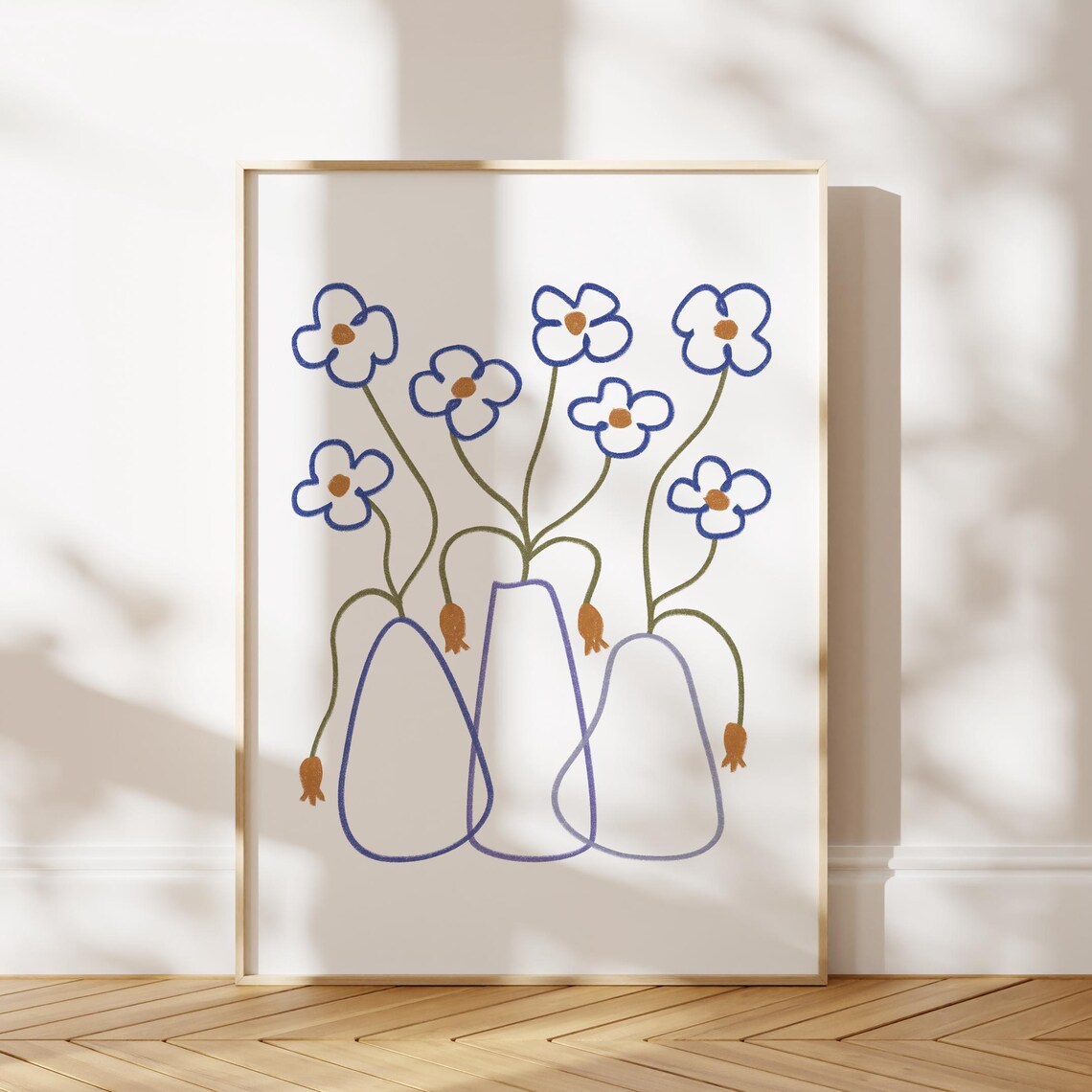 Blue Floral Line Art Hand Drawn Flowers in Vases Minimalist Wall Art