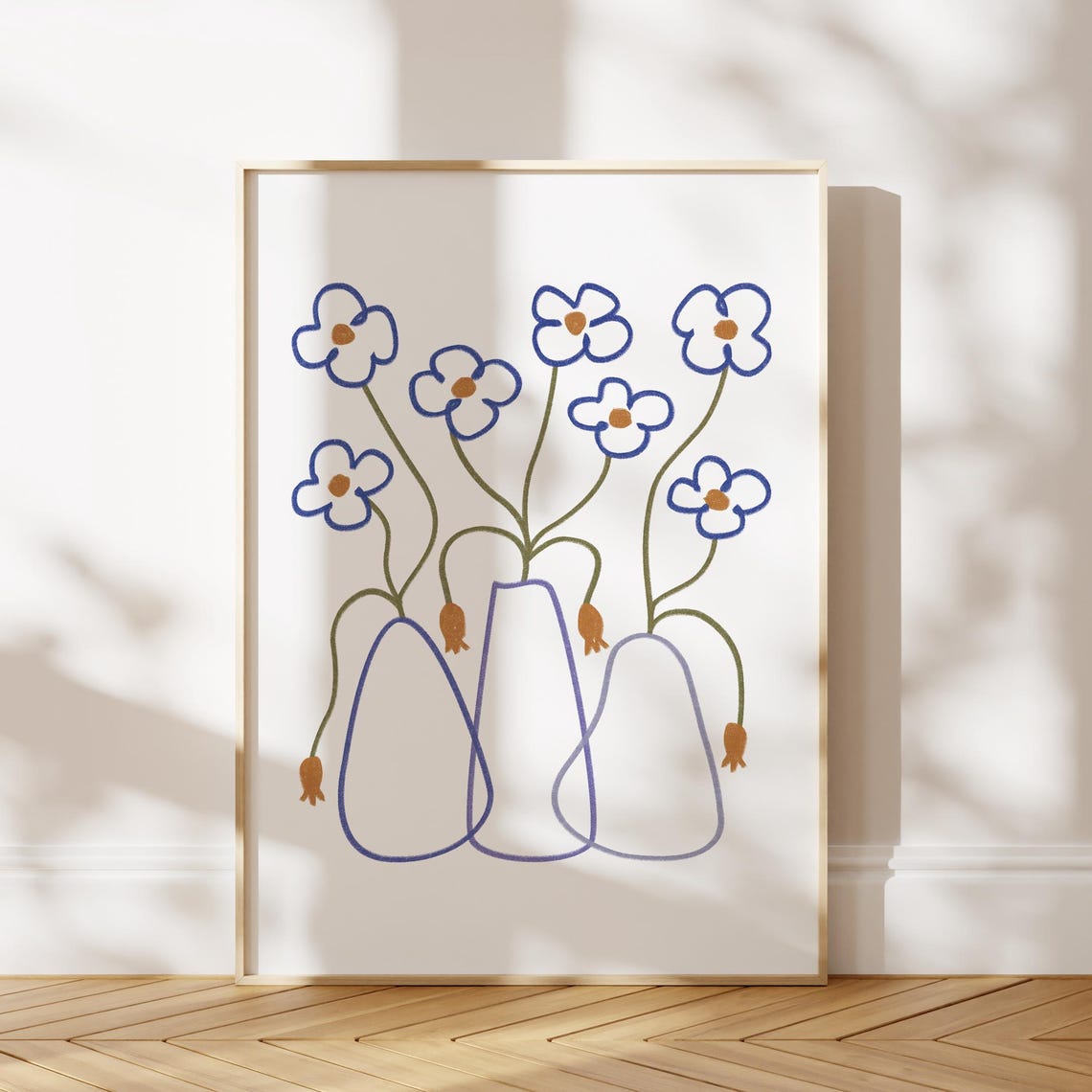 Blue Floral Print Handdrawn Flower Poster Girly Apartment Decor Wall Art Abstract Botanical Painting