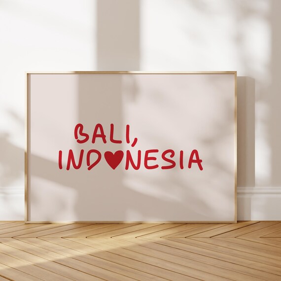 Bali Indonesia City Print Red Heart Minimalist Wall Art Horizontal Trendy Love Apartment Decor