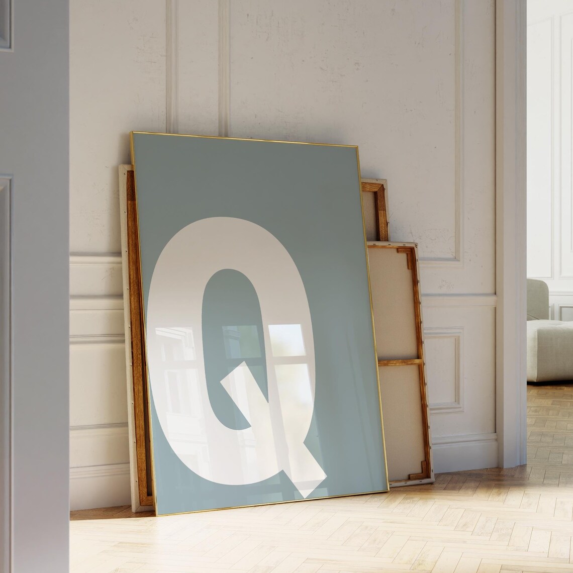 Letter Q Monogram Poster Bold White Initial Alphabet Art on Soft Blue