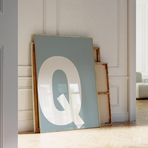 Letter Q Monogram Poster Bold White Initial Alphabet Art on Soft Blue