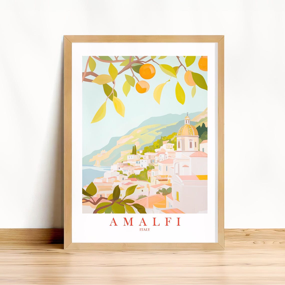 Amalfi Italy Pastel Coastal Town Lemons Mediterranean Travel Poster