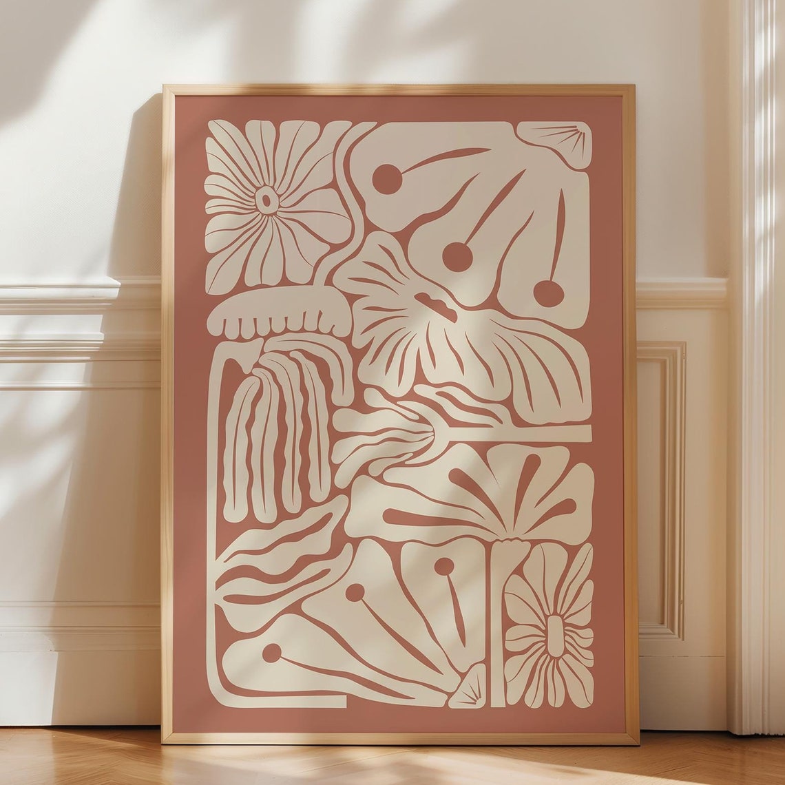 Moody Botanical Art Print Brown Wall Abstract Flower Poster Autumn Decor Boho Floral Mid Century Modern