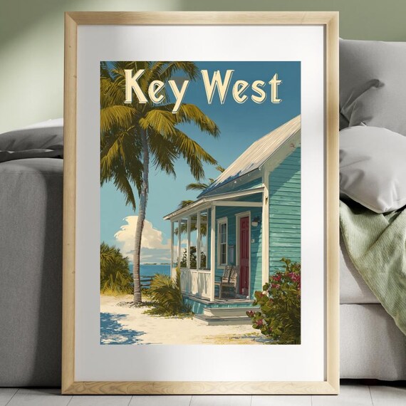 Key West Florida Beach Cottage Vintage Travel Poster Palm Tree