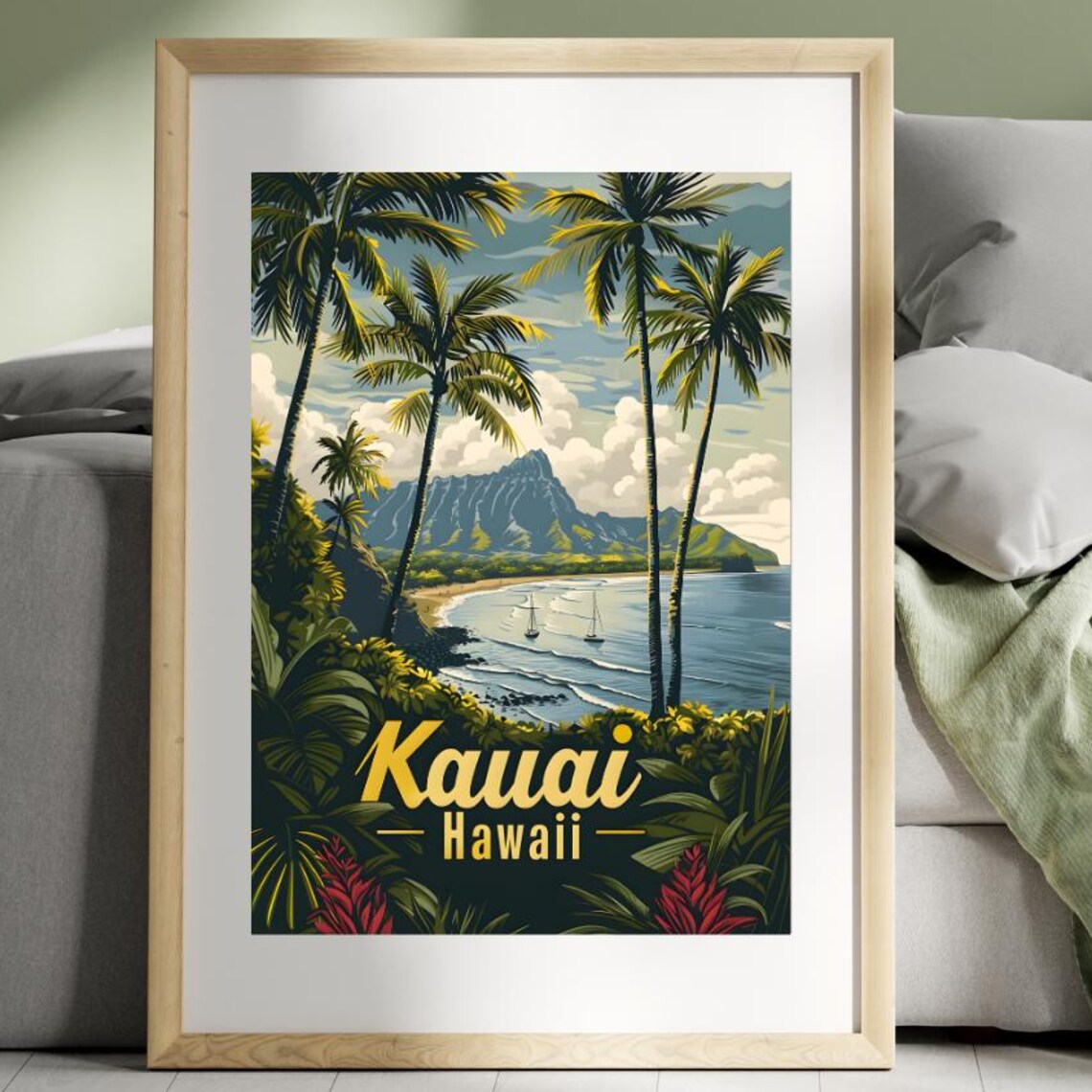 Kauai Hawaii Vintage Travel Poster Palm Trees Bay And Sailboats