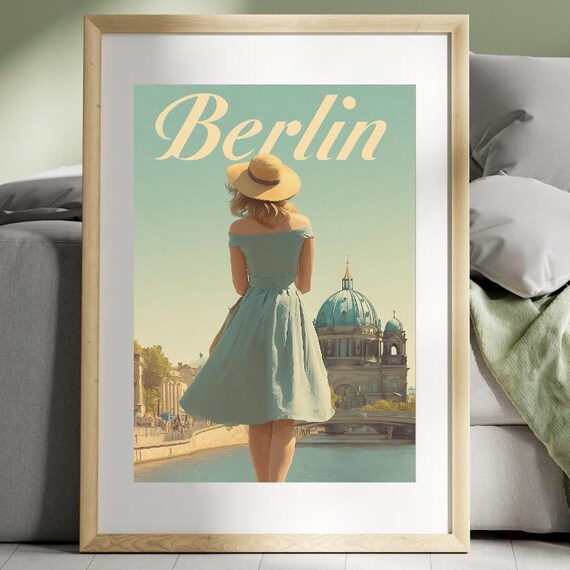 Berlin Vintage Travel Style Woman Blue Dress by the Cathedral Dome Poster