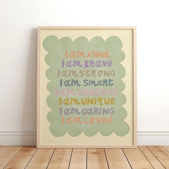 Cute Green Affirmation Print, Brave Kind Kids Bedroom
