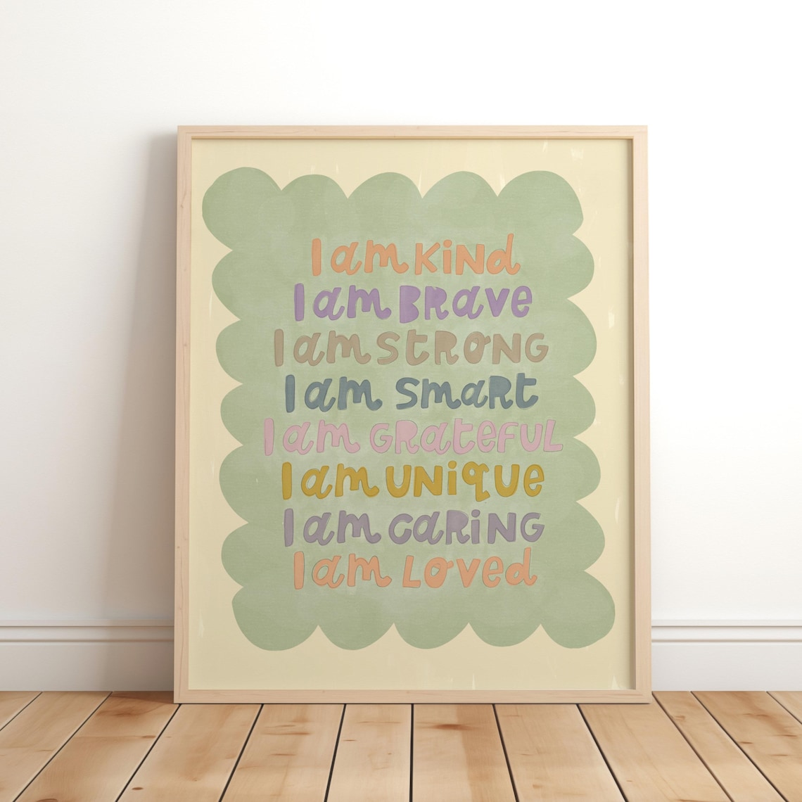 Cute Green Affirmation Print, Brave Kind Kids Bedroom