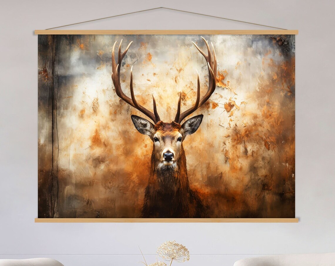Sepia Rustic Stag Portrait Poster with Smoky Textured Background Art - Image 2