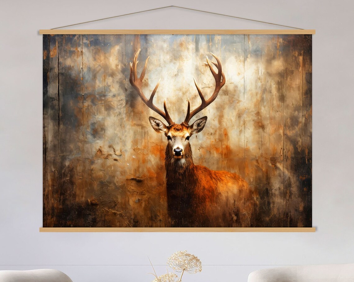 Moody Rustic Stag Portrait Poster in Sepia Tones and Textured Finish - Image 2