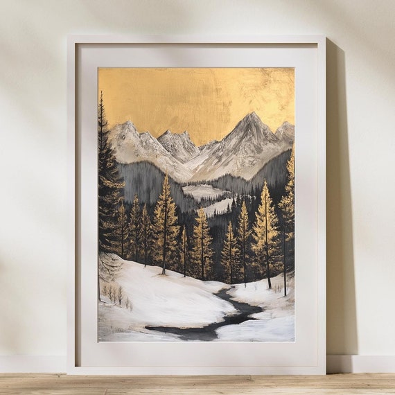 Golden Mountain Landscape Art Winter Forest Stream Painting Goldaccented Nature Wall For Modern Home Decor