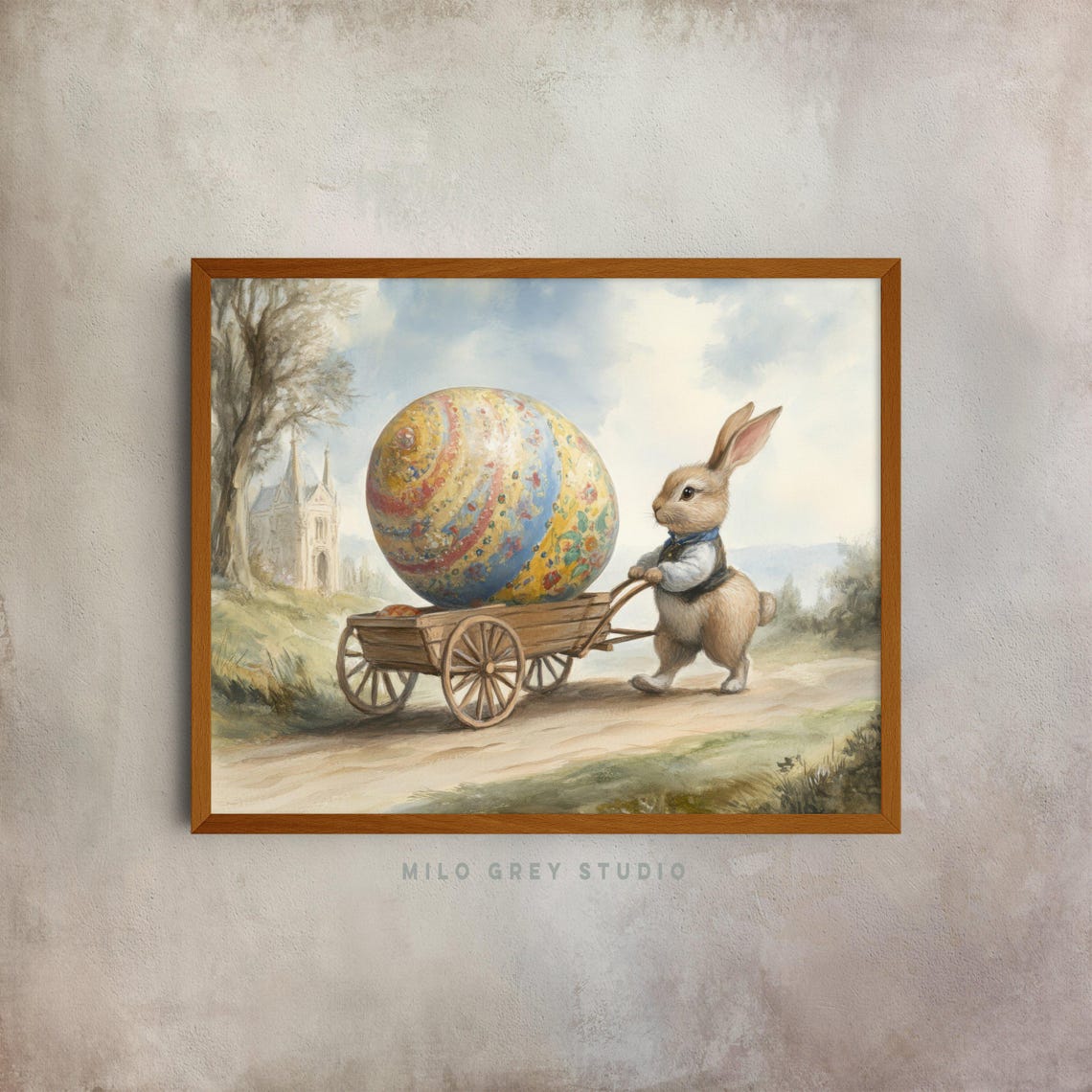 Bunny Pushing Wheelbarrow With Giant Painted Easter Egg Poster