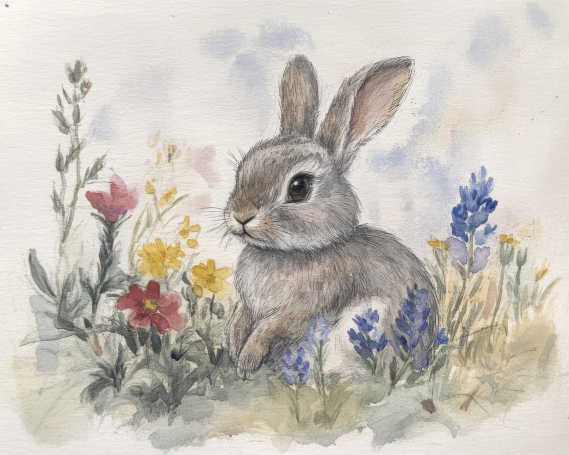 Watercolor Gray Bunny Among Wildflowers Spring Nursery Art Poster - Image 3