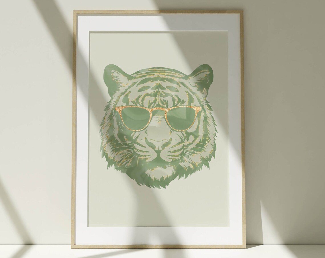 Sage Green Tiger Wearing Sunglasses Trendy Minimalist Art Poster