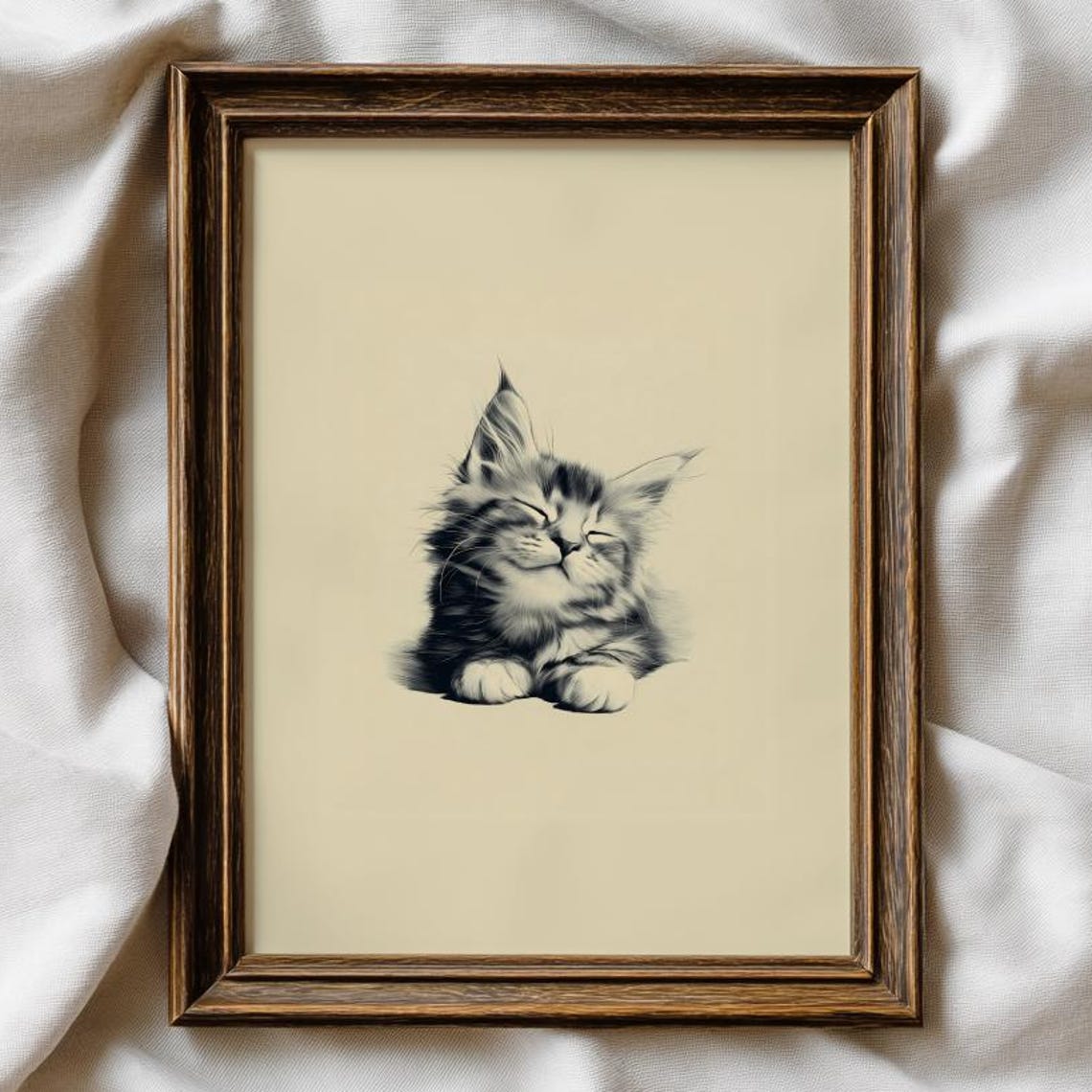 Sleeping Maine Coon Kitten Cozy Rest Pencil Sketch Art Print