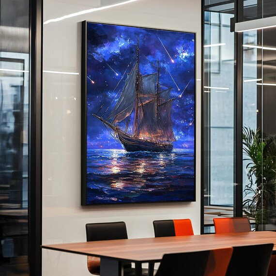 Starry Night Sailing Ship Wall Art Fantasy Ocean Boat Print