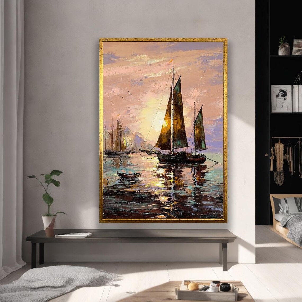 Sunset Tall Ships Harbor Classic Maritime Oil Painting Poster