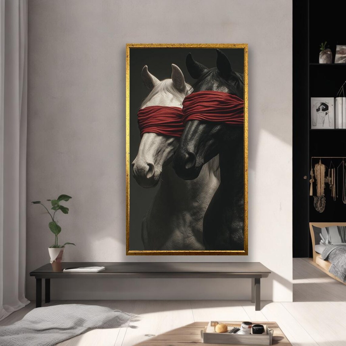 Blindfolded Black And White Horses Red Blindfold Dramatic Equine Poster