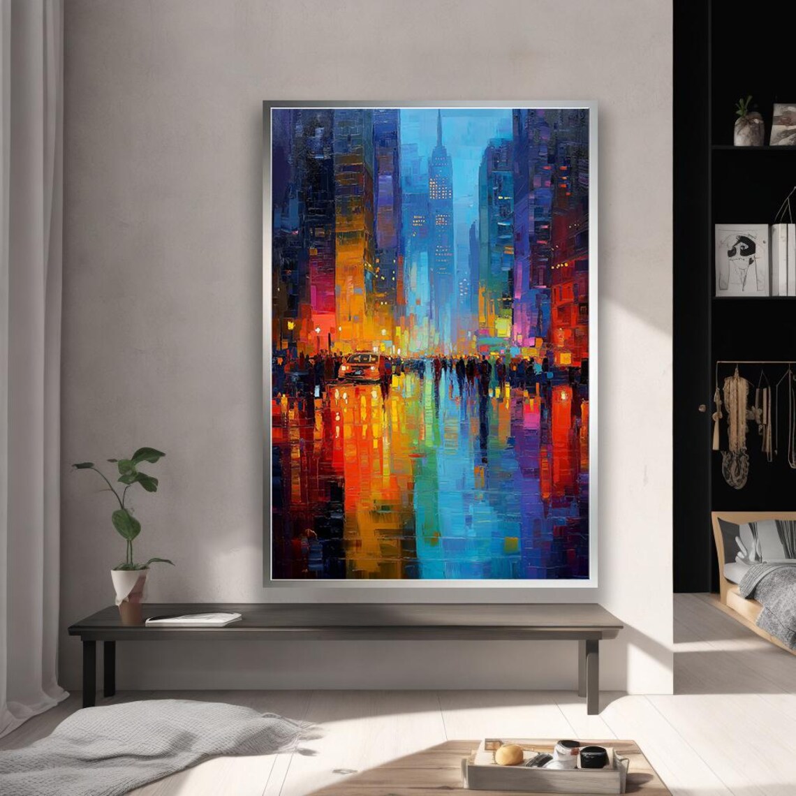 Abstract New York City Skyline Night Rainy Street Colorful Poster