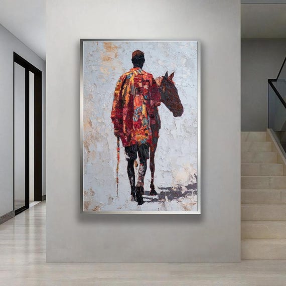 Man With Horse Abstract Canvas Rustic Oil Style Wall Art