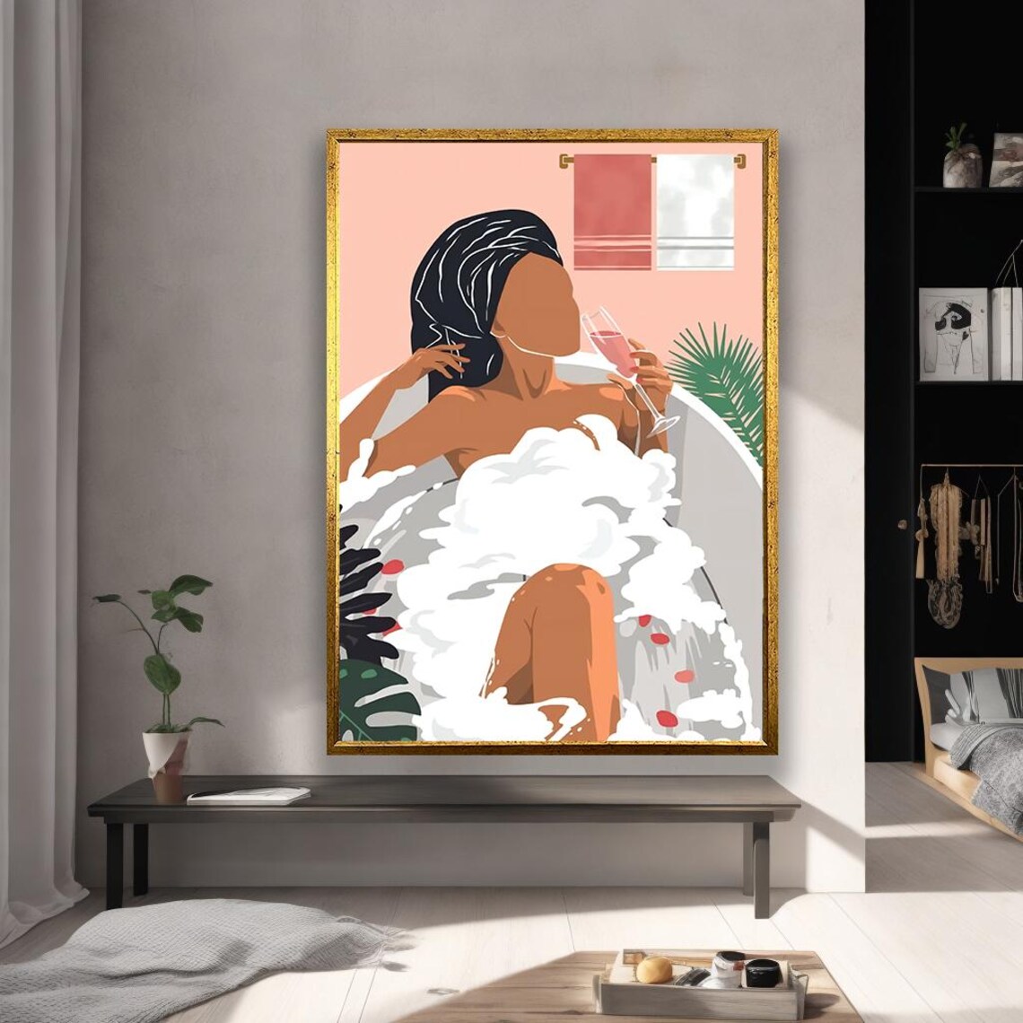 Woman Relaxing Bubble Bath Wine Glass Modern Bathroom Poster