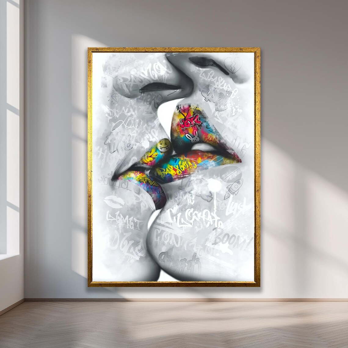 Kiss Graffiti Lips Pop Art Black White Colorful Street Poster