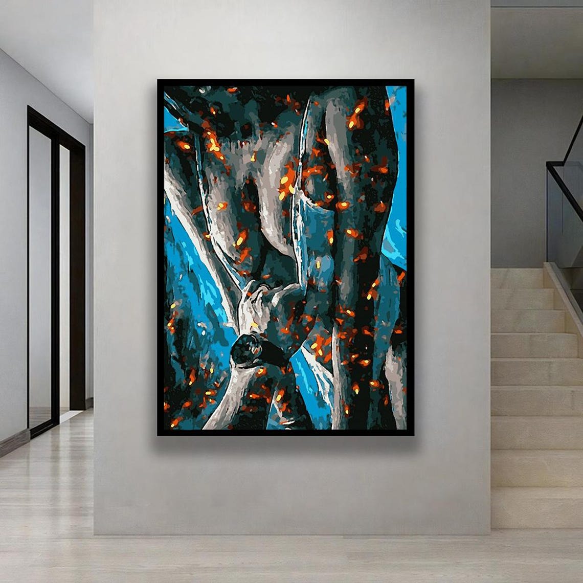 Abstract Fire Ember Figure Blue Orange Dynamic Painting Wall Poster
