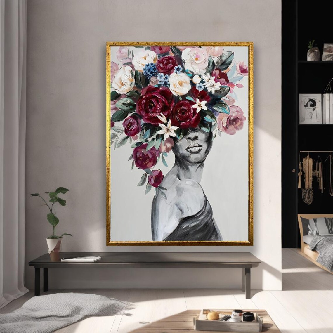 Woman Portrait Red Roses Floral Crown Monochrome Painting Poster