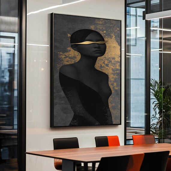 Iconic Abstract Black and Gold Woman Portrait Minimalist Wall Art