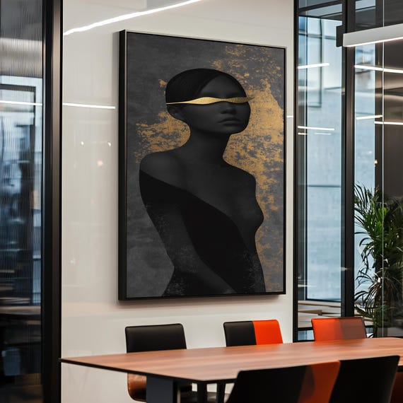 Iconic Woman Art Minimalist Black And Gold Abstract Portrait Modern Female Artwork