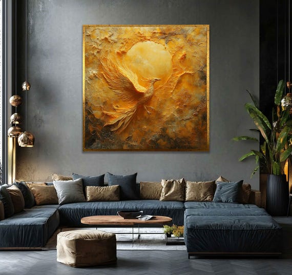 Phoenix Rising Canvas Art Abstract Golden Bird Painting Fantasy Wall Decor