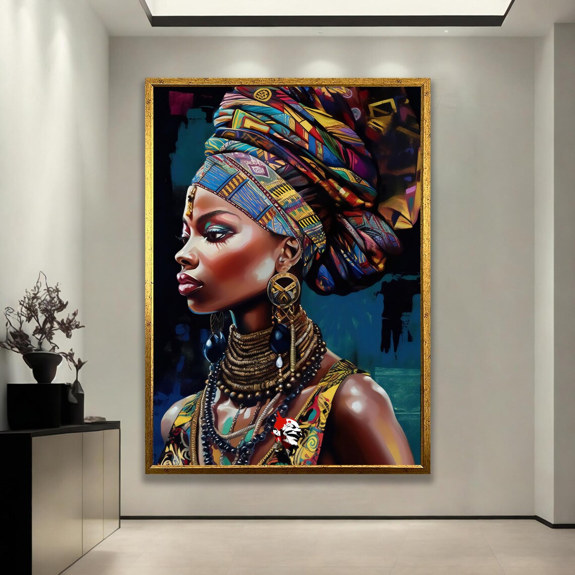 African Woman Vibrant Headwrap Portrait Tribal Jewelry Art Poster