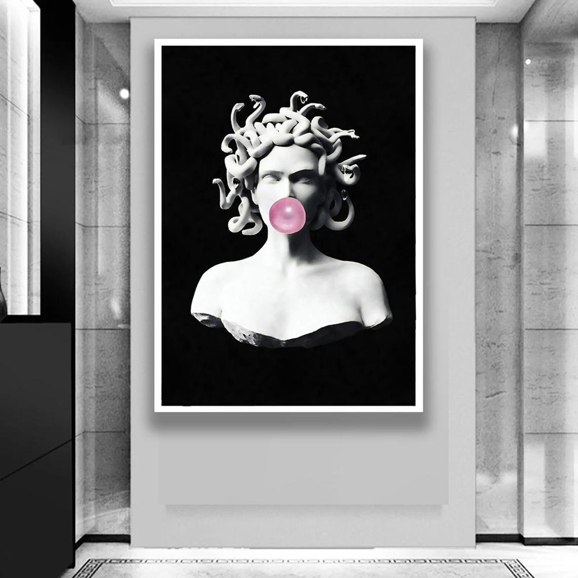 Medusa Statue Blowing Pink Bubblegum Modern Greek Mythology Poster