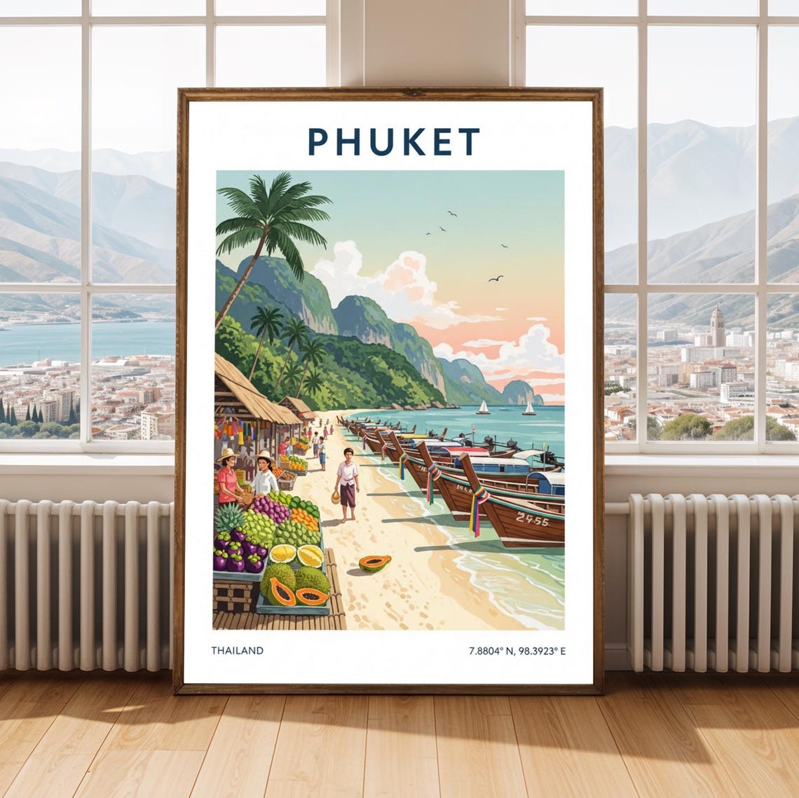 Phuket Beach Market Print Thailand Travel Art Tropical Illustration