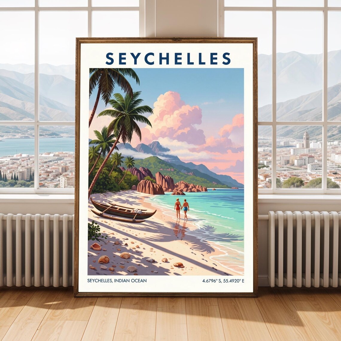 Seychelles Tropical Beach Travel Poster Palm Trees Canoe Couple Ocean Art
