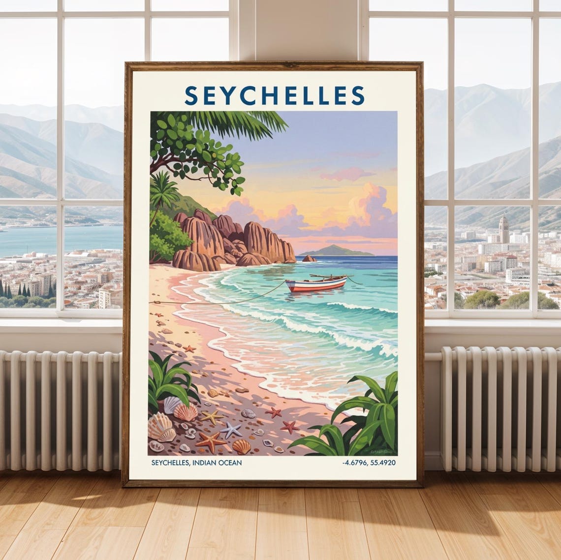 Seychelles Indian Ocean Beach Vintage Travel Poster Sunset Paradise