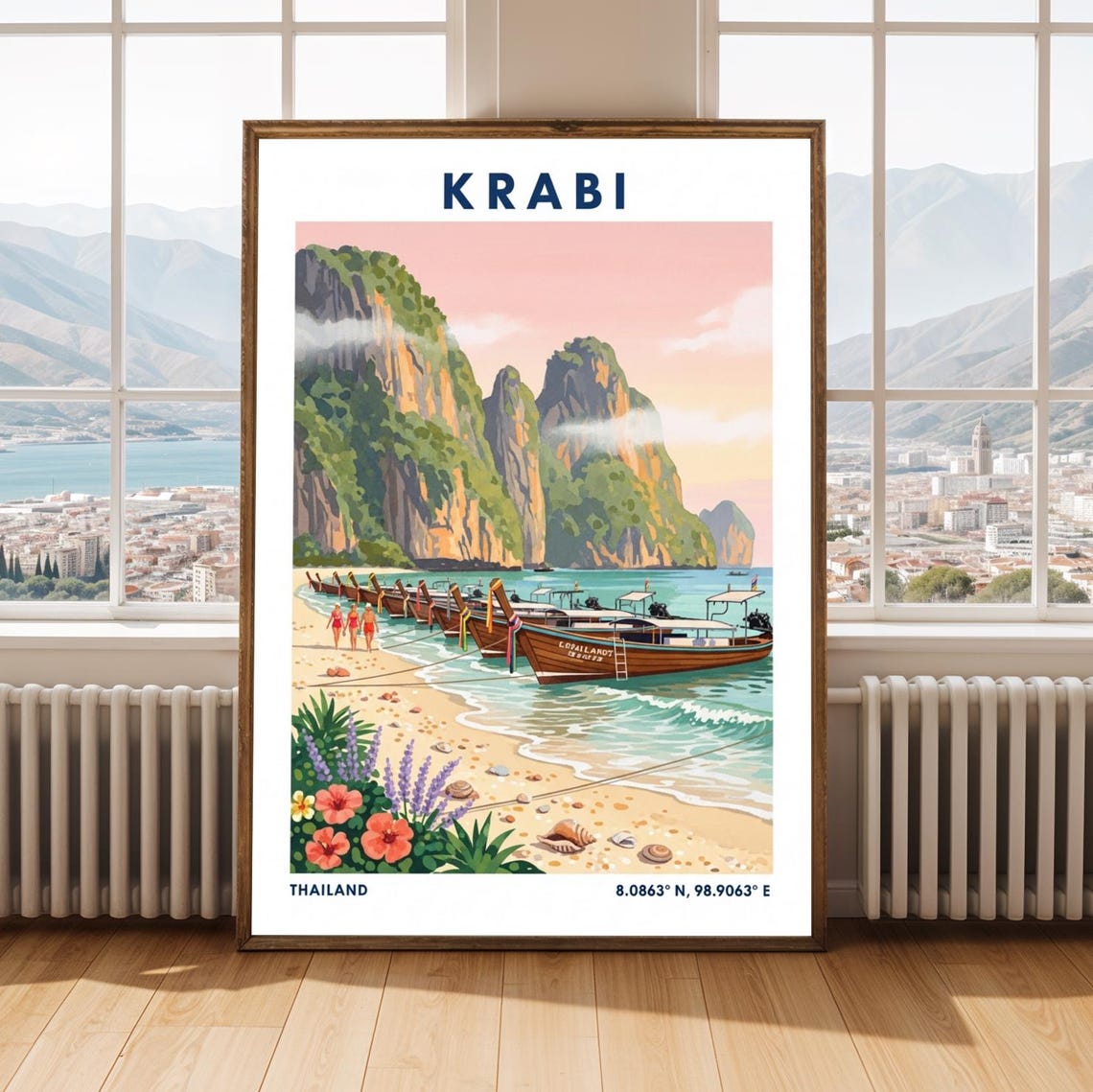 Krabi Limestone Cliffs Art Print Tropical Beach Illustration