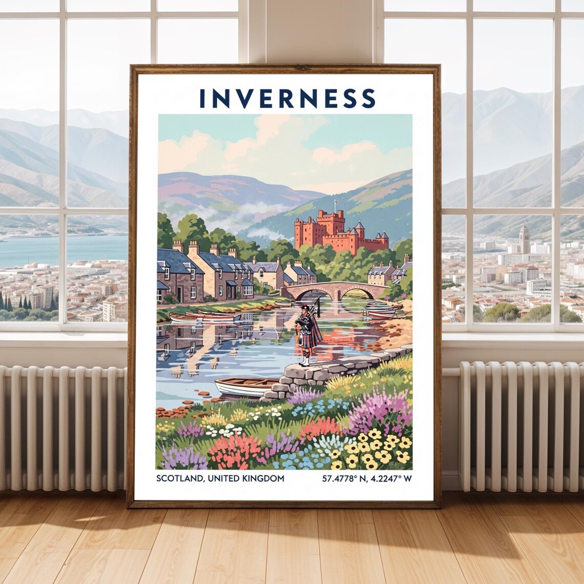 Inverness Scotland Highland Castle Bagpiper Vintage Travel Poster