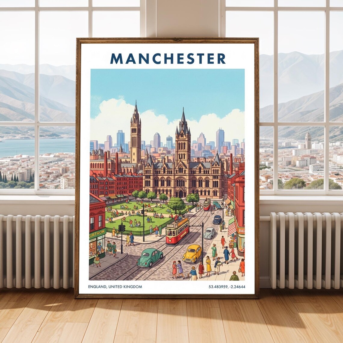 Manchester Cityscape Poster Retro Travel Art Print