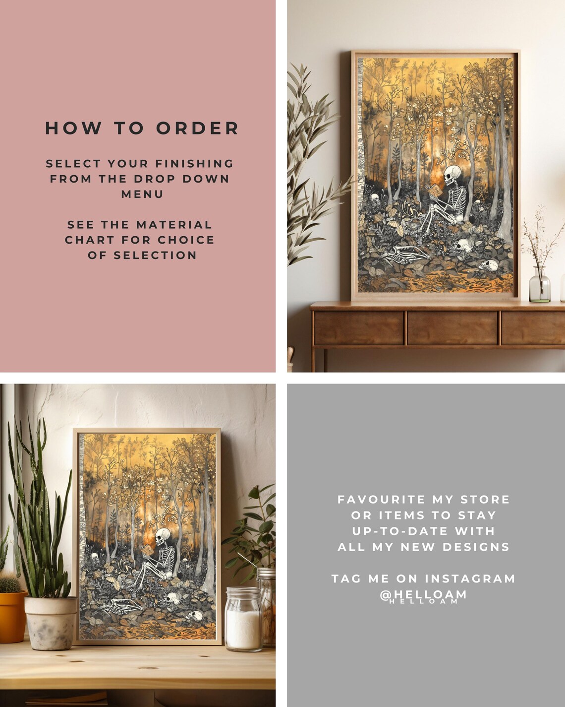 Reading Skeleton Golden Autumn Forest Vintage Gothic Book Lover Print - Image 3