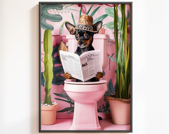 Miniature Pinscher Dog On Toilet Print Funny Poster Mini Pinscher Print Funny Bathroom Wall Decor Toilet Wall Art Funny Bathroom Wall Art