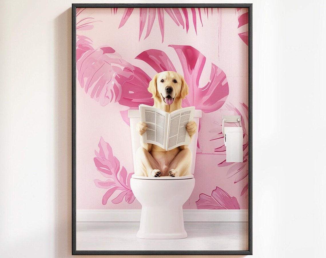 Golden Labrador Retriever On Toilet Bathroom Print Dog On Toilet Print Funny Dog Poster Toilet Wall Art Funny Bathroom Decor Labrador Art