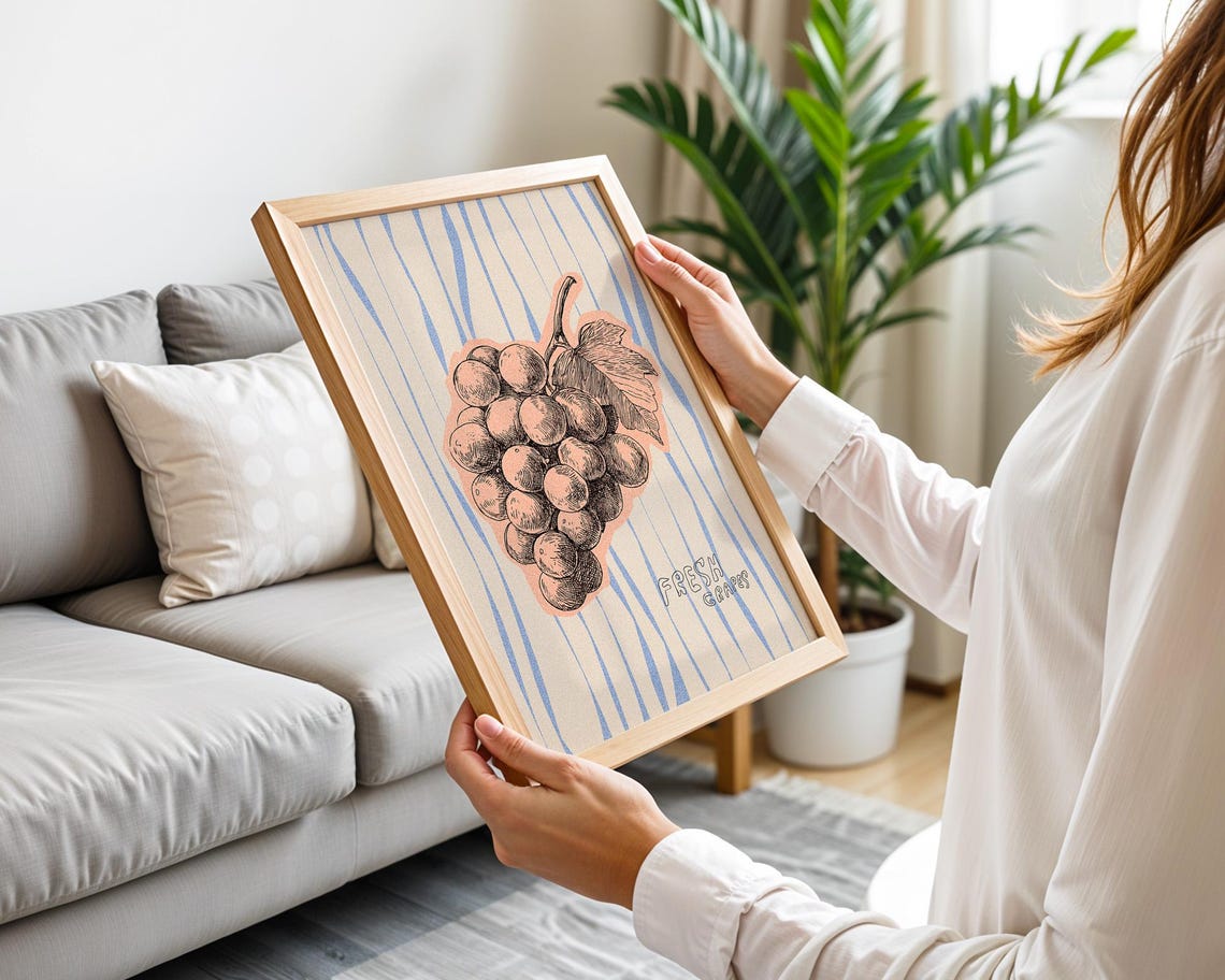 Fresh Grapes Cluster Sketch Blue Stripe Vintage Kitchen Art Print
