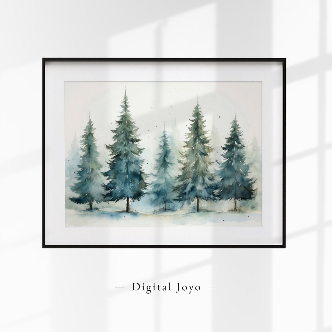 Snowy Pine Trees Mist Watercolor Winter Forest Landscape Print