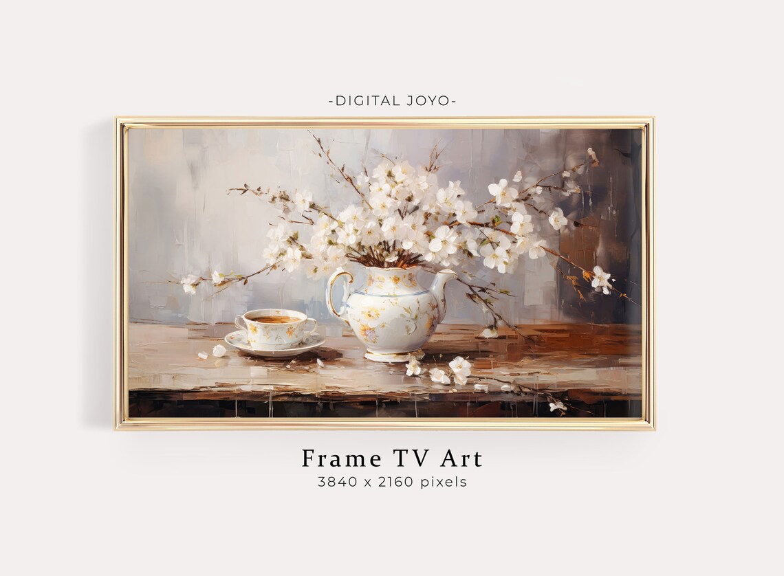 Winter White Blossom Teapot Still Life Painting Farmhouse Wall Art